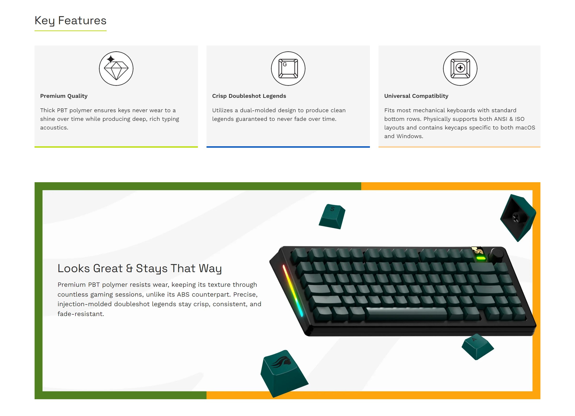 A large marketing image providing additional information about the product Glorious GPBT Basics Keycaps - Totem Green - Additional alt info not provided